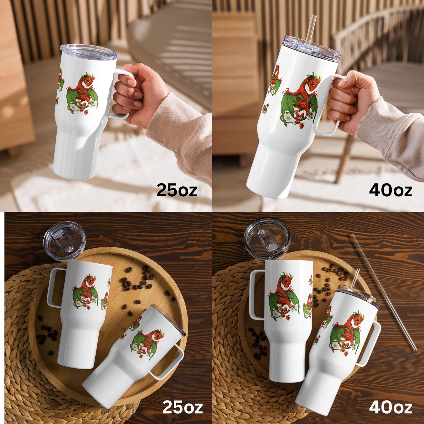 Strawberry Dragon Travel mug with a handle 25oz or 40oz - Free USA Shipping