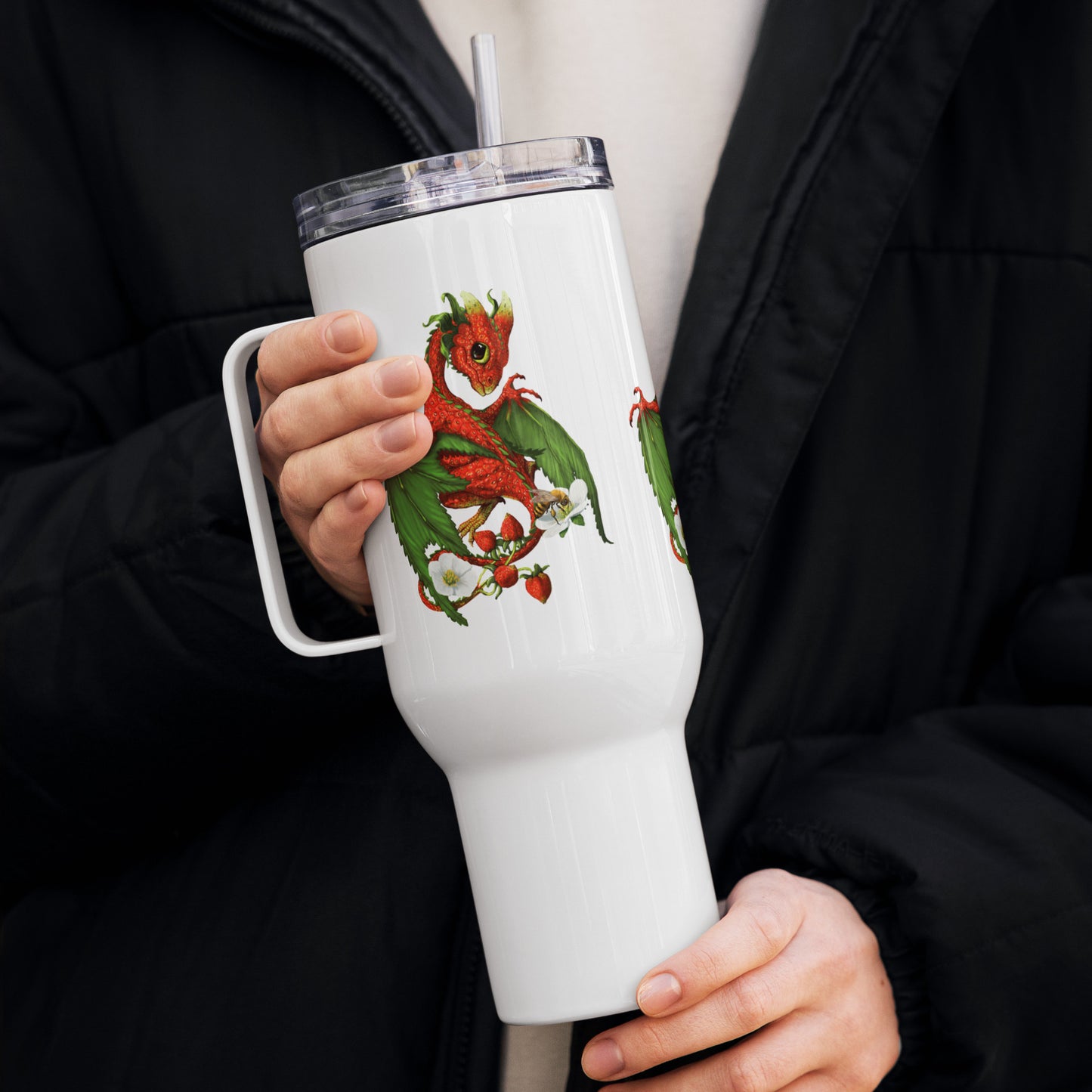 Strawberry Dragon 40oz Travel mug with a handle - Free USA Shipping